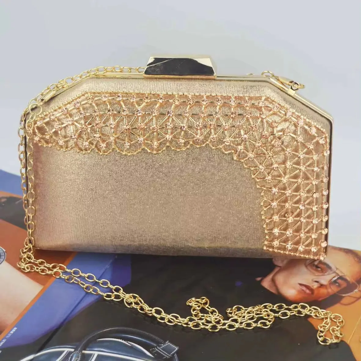 Pink Champagne Beaded Crystal Clutch Bag - Mini Evening Handbag
