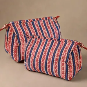 Quilted Makeup Pouch / Utility Pouch Set Of 2 - Hand Printed In Red & Blue | Portable Toiletry Bag For Travel