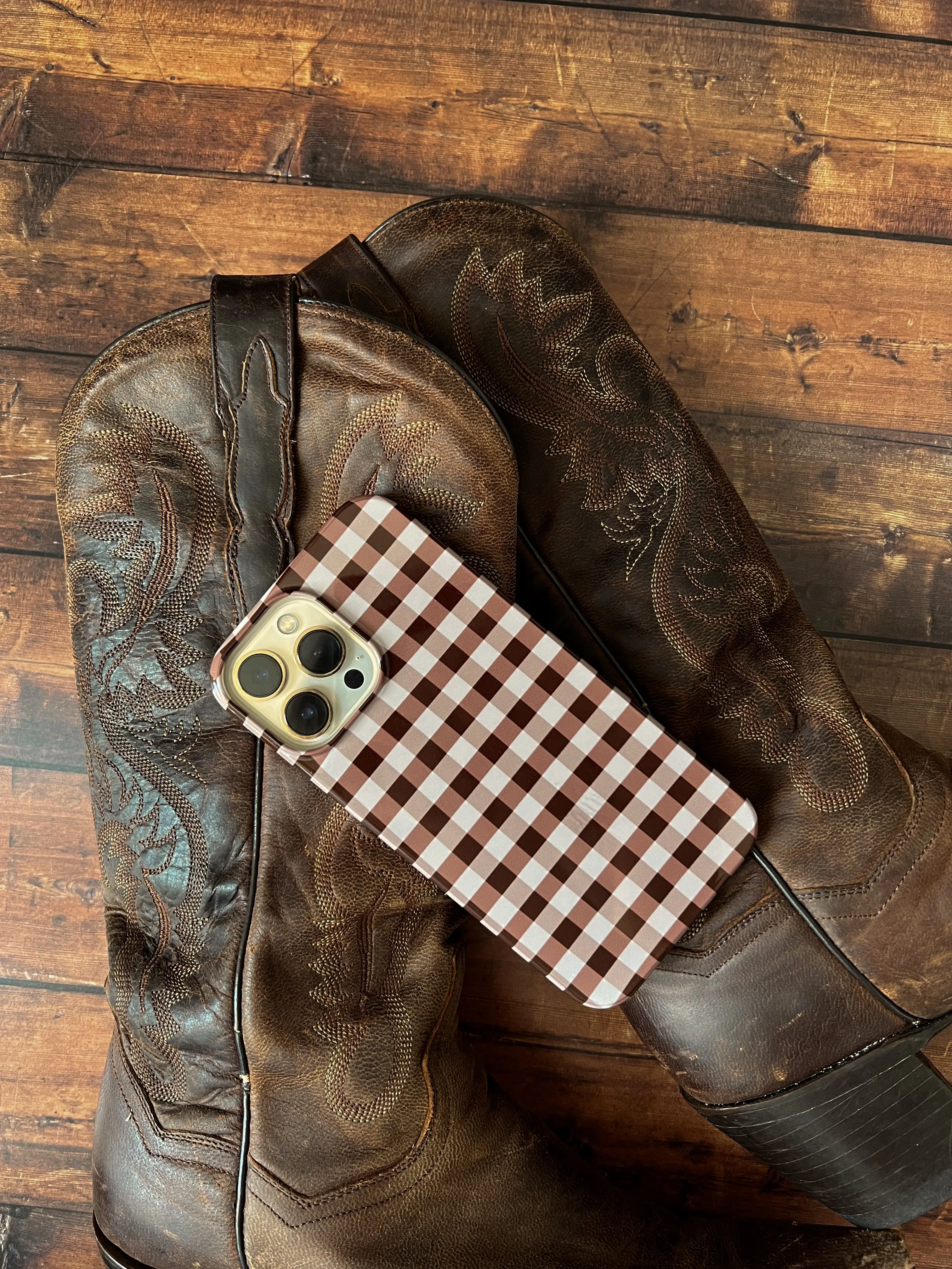 Saddle Brown Gingham iPhone Case